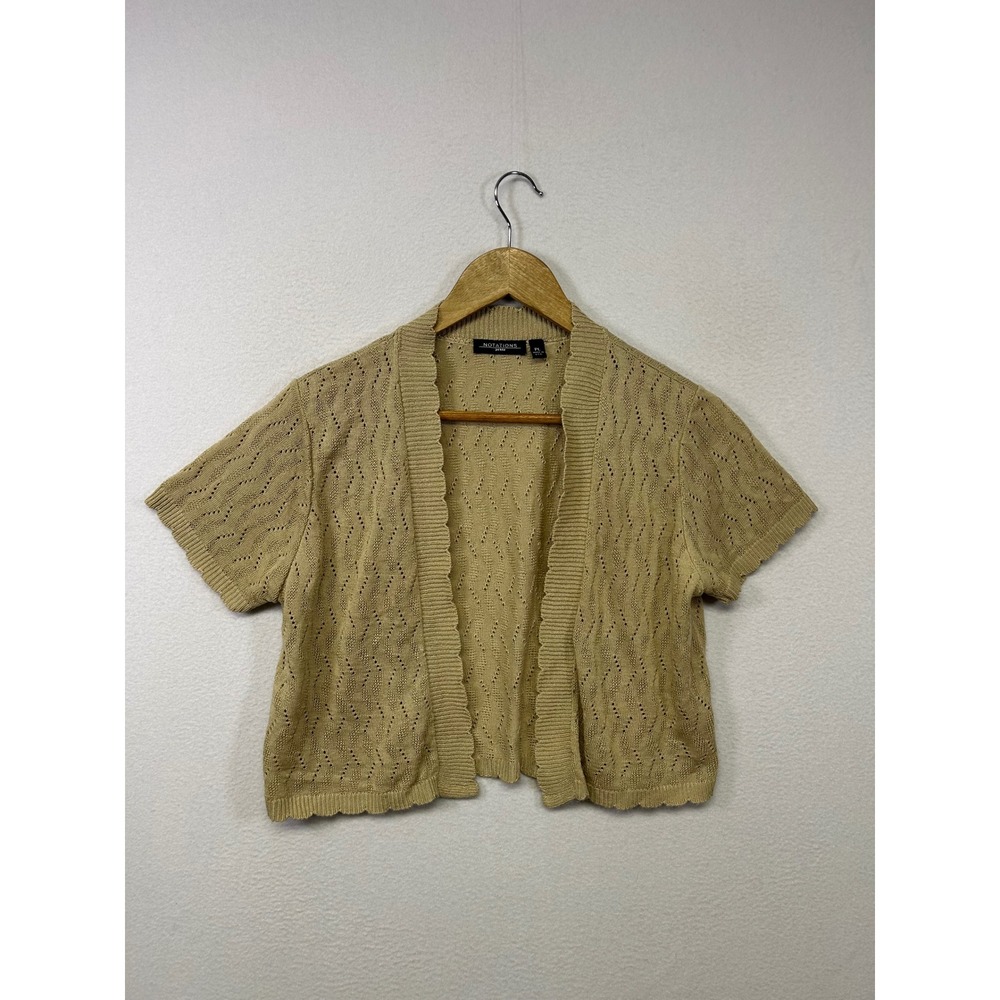 Cottagecore Notations Petite PL Tan Pointelle Scalloped Short Sleeve Cardigan‎
